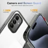 Close-up view of a phone case, highlighting camera and screen protection features with measurements. Produktbild-Vorschau