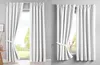 Two images of white curtains hanging in front of a window, one with a vase of flowers. Produktbild-Vorschau