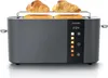 A modern gray toaster with two slices of bread and two croissants on a warming rack. Voir les images du produit