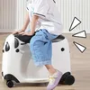 A child is sitting on a panda-themed rolling suitcase. Produktbild-Vorschau