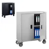 Two metal cabinets with doors and wheels, one black and one gray. The gray cabinet is open, showing files and binders inside. The black cabinet is closed. Produktbild-Vorschau