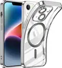 A clear protective case for an iPhone 14 is shown, highlighting its magnetic ring for MagSafe compatibility. Produktbild-Vorschau