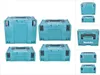 A collage of several teal Makita Makpac transport boxes of different sizes. Produktbild-Vorschau