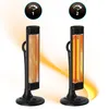 Two black infrared heaters are shown side-by-side, with glowing orange heating elements. Above each heater is a circular graphic indicating a heat setting, labeled '1' and '2'. Anteprima dell’immagine prodotto