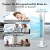 A collage of images demonstrating the different modes of a white tower fan. The main image on the right shows the fan, while the smaller images on the left show people using the fan in different scenarios (sleeping, working, relaxing). Produktbild-Vorschau