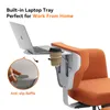 A close-up view of an orange office chair with a built-in laptop tray and cup holder, showcasing its features for working from home. Produktbild-Vorschau