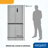 A refrigerator is shown next to a silhouette of a person to indicate its size, with dimensions labeled. Produktbild-Vorschau