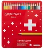 A red metal tin containing 18 Caran d'Ache Swisscolor water-soluble colored pencils. Anteprima dell’immagine prodotto