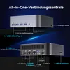 A marketing image showing two views of a mini PC with callouts for its ports and features. Produktbild-Vorschau