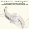 A close-up of a food processor blade with text overlay describing its features. Produktbild-Vorschau