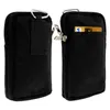 Two views of a black smartphone pouch made of nylon, with a carabiner clip and a front pocket holding a credit card. Produktbild-Vorschau