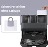 A robotic vacuum cleaner docking station with dust bags and a close-up of a dust bag. Produktbild-Vorschau