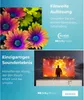 A split image showcasing flowers and a TV screen with a person on it, accompanied by text highlighting features. Produktbild-Vorschau