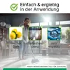 A woman is mopping a floor in a modern living room, with three inset images highlighting product features: lemons for scent, a shiny floor for shine, and a water droplet for efficiency. Produktbild-Vorschau