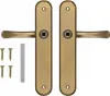 A pair of gold-colored door handles with screws and a metal bar on a white background. Anteprima dell’immagine prodotto
