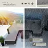 A split image showing outdoor furniture in sunny and rainy conditions, with feature callouts. Náhled obrázku produktu