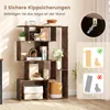 A geometric bookshelf with various decorative items and storage baskets, with instructional diagrams for wall mounting. Náhled obrázku produktu