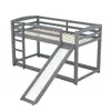 A gray bunk bed with a slide and ladder, shown against a white background. Produktbild-Vorschau