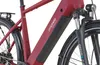 Close-up of the frame and front fork of a red electric bicycle. Produktbild-Vorschau