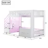 A diagram showing the dimensions of a white bunk bed with pink accents. Voir les images du produit