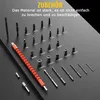 A collection of drill bits and screwdriver bits laid out on a dark surface, with German text overlay. Produktbild-Vorschau