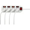 A white power strip with four outlets and individual switches, along with a main power switch, is shown against a white background. Four white plugs are inserted into the outlets. Produktbild-Vorschau