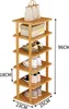 A multi-tiered bamboo shoe rack filled with shoes and accessories, with dimensions indicated. Produktbild-Vorschau