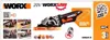 The image shows the packaging of a WORX 20V WORXSAW, along with some illustrative images of its use and included accessories. Produktbild-Vorschau