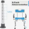 A shower chair with adjustable height and armrests, shown with a diagram illustrating height adjustment. Produktbild-Vorschau
