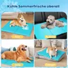 A collage of four images showing dogs on cooling mats in different settings: on the floor, in a car seat, on a sofa, and on a dog bed. Produktbild-Vorschau