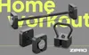 A set of adjustable dumbbells, a barbell, and a kettlebell are displayed against a gray background with yellow text. Produktbild-Vorschau