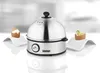A silver egg cooker with two eggs, one whole and one halved, displayed on white egg cups. Produktbild-Vorschau