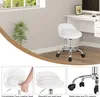 A white office stool with wheels is shown in a room setting, with close-up shots highlighting its features. Produktbild-Vorschau