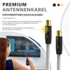 A woman is holding a remote control and looking at a TV, with two antenna cables in the foreground. Produktbild-Vorschau