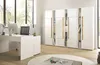 A modern white desk and a large white storage unit with wood accents in a bright, airy office space with large windows. Produktbild-Vorschau