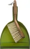 A green dustpan with a wooden-handled brush resting on it. Produktbild-Vorschau
