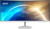 A white MSI curved monitor on a white stand is shown against a white background. The monitor screen displays a colorful abstract image with the MSI logo in the top left corner. Produktbild-Vorschau