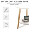 A close-up marketing image of a round, two-tiered coffee table with wooden legs, showcasing its features with icons and text. Produktbild-Vorschau