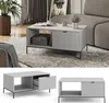 A collage of images showing a modern grey coffee table from different angles, set in a living room environment. Náhled obrázku produktu