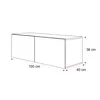A line drawing of a white, wall-mounted TV cabinet with dimensions indicated. Voir les images du produit