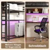 A split image showing a loft bed with shelves and storage on the left, and a desk setup with a chair on the right. Náhled obrázku produktu