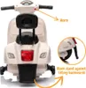 Rear view of a white children's electric scooter with instructional overlays. Podgląd zdjęcia produktu