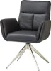 A black leather armchair with a silver metal base, isolated on a white background.