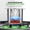 A cutaway view of a large stainless steel pot on a gas stove, illustrating heat distribution. Text overlays highlight product features. Produktbild-Vorschau