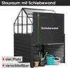 A garden storage unit with a greenhouse attachment, showing its sliding door open and some gardening tools inside. Produktbild-Vorschau