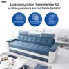 A blue and white sofa is shown in a room setting with marketing text and icons above it. Produktbild-Vorschau
