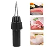 A collage showing a black electric poultry de-feathering tool on the left, and three separate images of raw meat (fish, pork, and chicken) on the right. Náhľad obrázku produktu