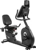 A black recumbent exercise bike against a white background. Produktbild-Vorschau