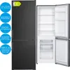 A refrigerator shown from the front and with its doors open, featuring product information overlays. Náhľad obrázku produktu