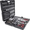 A black plastic toolbox filled with various tools, including sockets, wrenches, and screwdrivers. Podgląd zdjęcia produktu